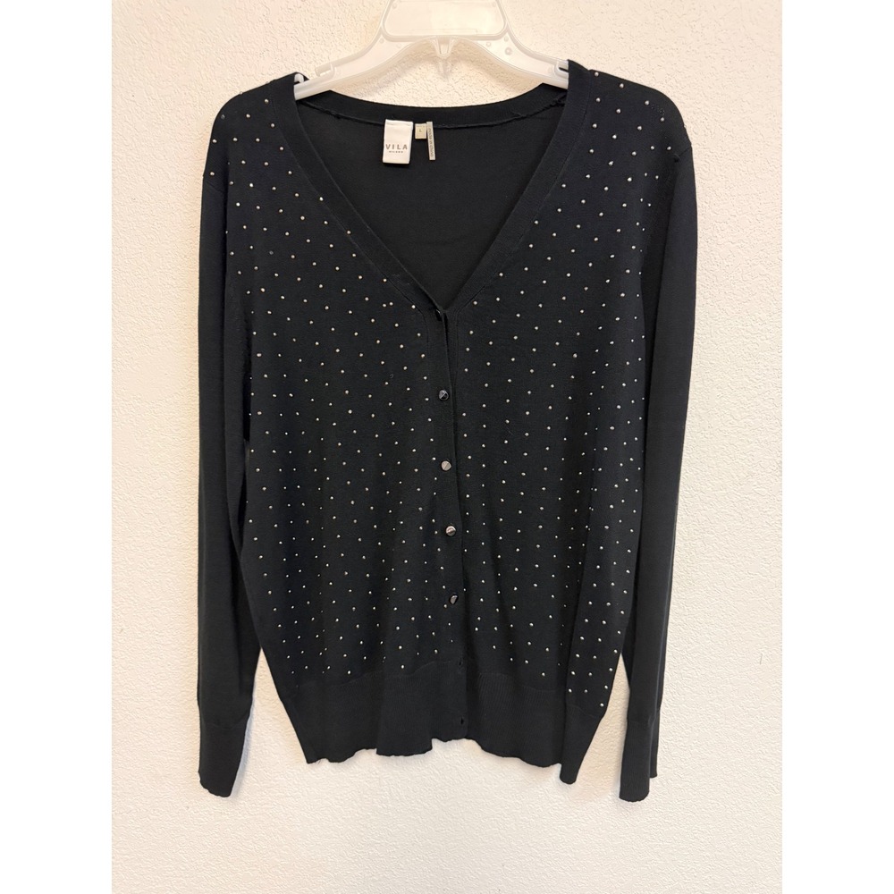 Vila Milano Women's Large Black Rhinestone Studded Button Front Cardigan